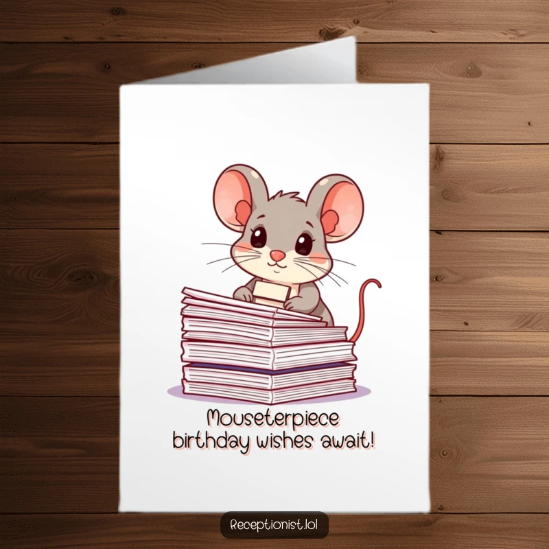Funny Free Printable Birthday Card: Determined mouse with a name tag stacking papers, ready for a laugh