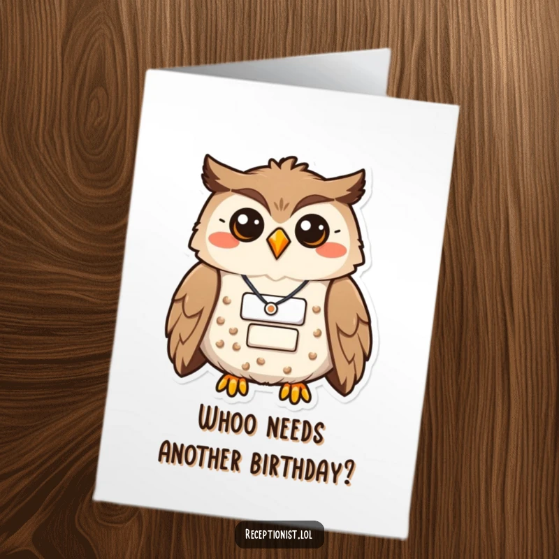 Funny Free Printable Birthday Card with a proud owl wearing a name badge and a warm, inviting smile, ready to celebrate.