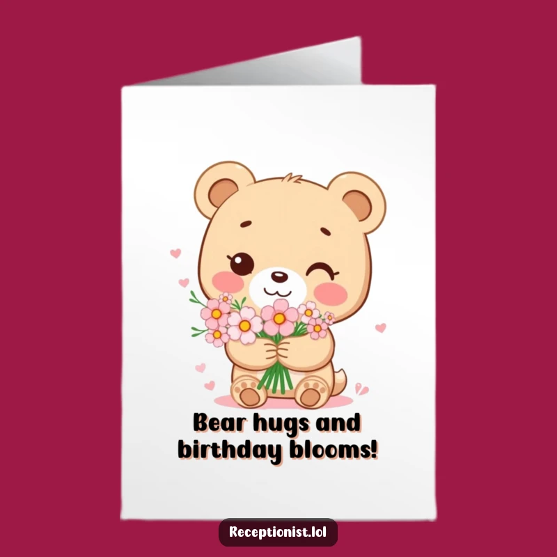 Free Printable Birthday Card: Sweet Bear Cub with Flowers for a Lovely Celebration