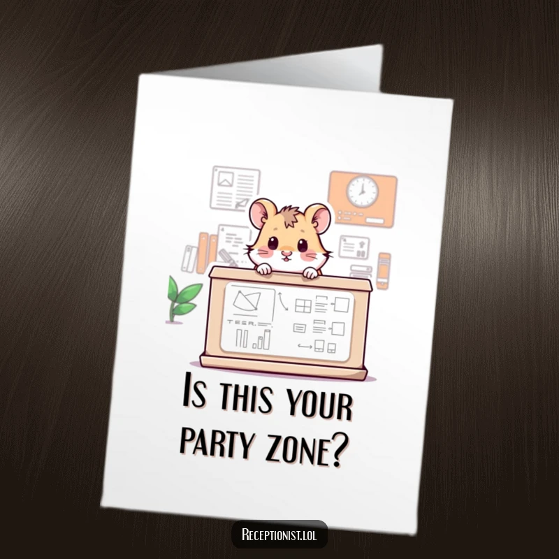 Funny Free Printable Birthday Card: Tiny hamster peeking over an information desk, looking mischievous, perfect for a joke gift.