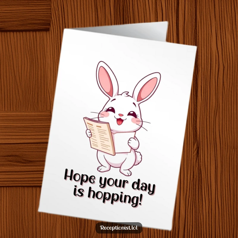 Funny Free Printable Birthday Card: Delighted cartoon rabbit holding open a directory, ready to help with a big smile.