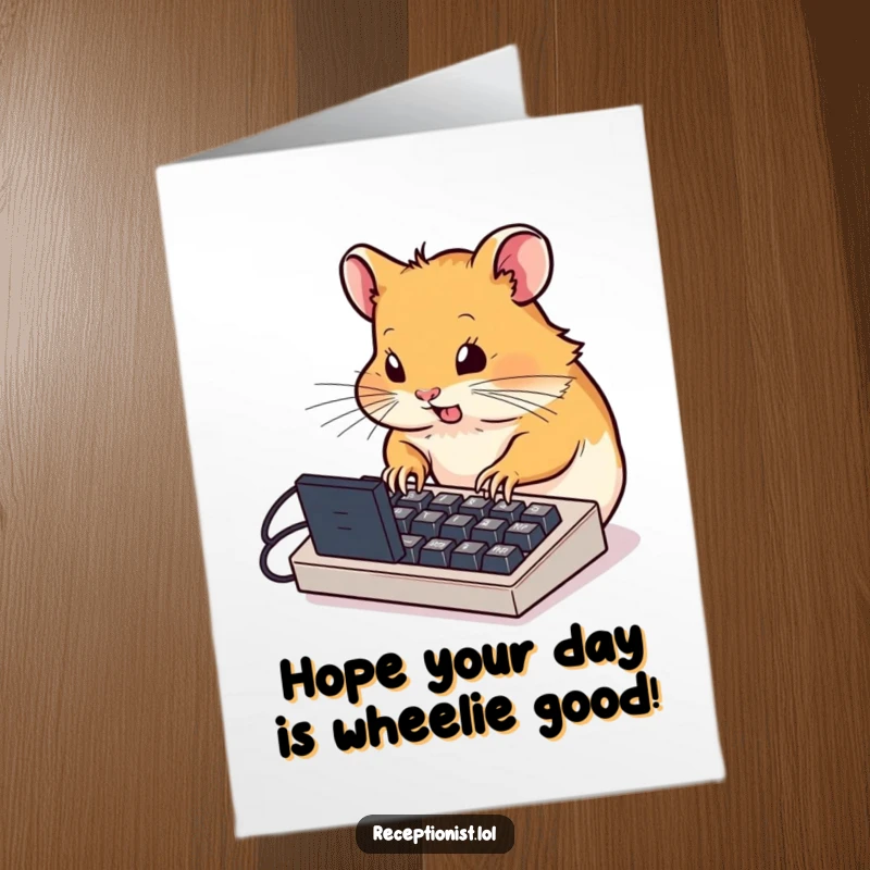 Funny Free Printable Birthday Card: Determined hamster typing fast on mini keyboard, a humorous and energetic DIY gift.