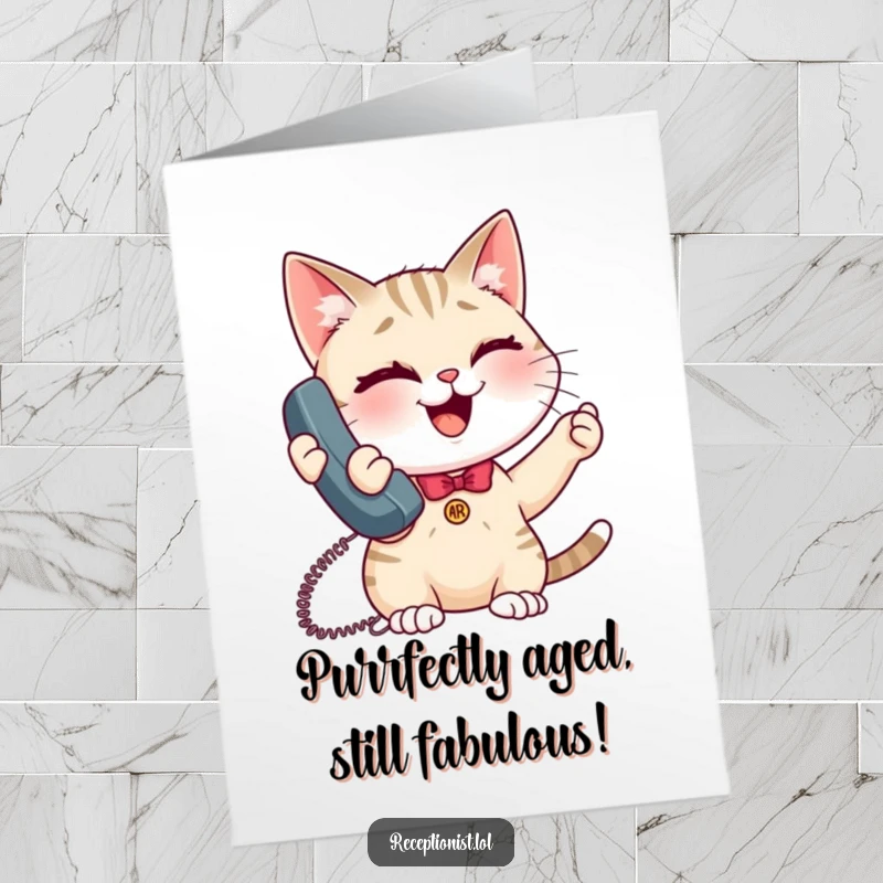 Funny Free Printable Birthday Card: Giggling cat receptionist winks while holding a phone, ready to deliver laughs.