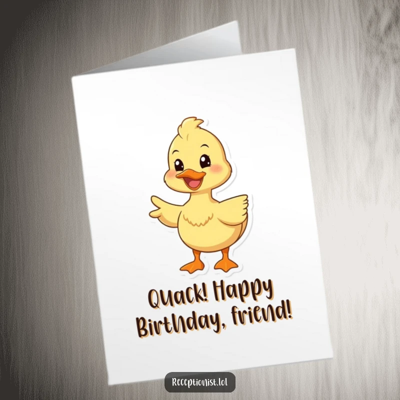 Funny Free Printable Happy Birthday card with a smiling duck gently gesturing, guiding birthday wishes with a happy expression.