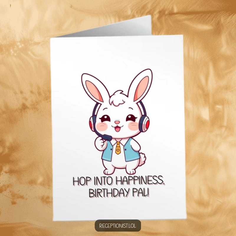 Cute Free Printable Birthday Card: A bunny receptionist in a headset smiles warmly and points forward, a sweet downloadable gift.