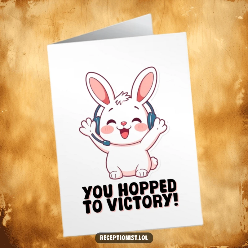 Funny Free Printable Bunny Congratulations Card: Cute bunny in headset cheerfully congratulates, adding humor to your special message.