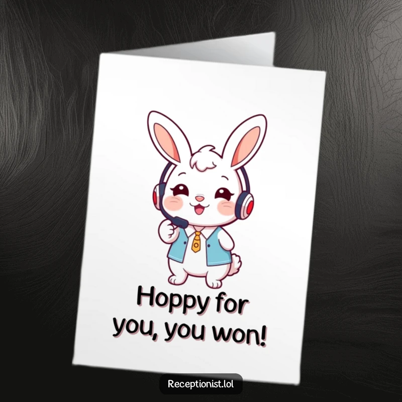 Cute Free Printable Congratulations Card: Bunny receptionist with a headset smiles and directs forward, a welcoming downloadable gift.