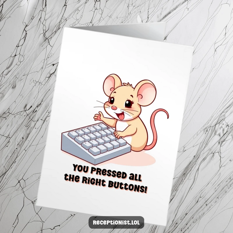 Funny Free Printable Congrats Card: Cheerful mouse enthusiastically pressing keyboard buttons with tiny paws, celebrating success.