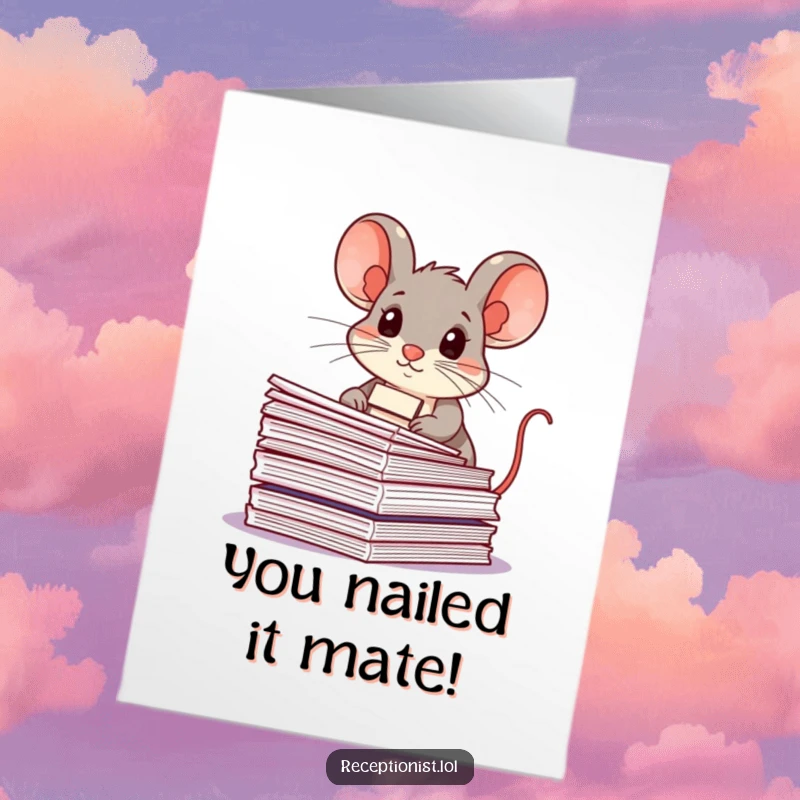 Funny Free Printable Congratulations Card: Tidy mouse in office attire, organizing documents with a smile