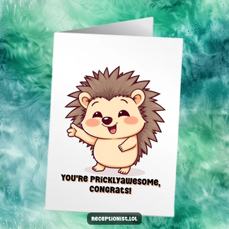 Funny Free Printable Congratulations Card: A giggling hedgehog enthusiastically directs with a friendly pointing gesture.