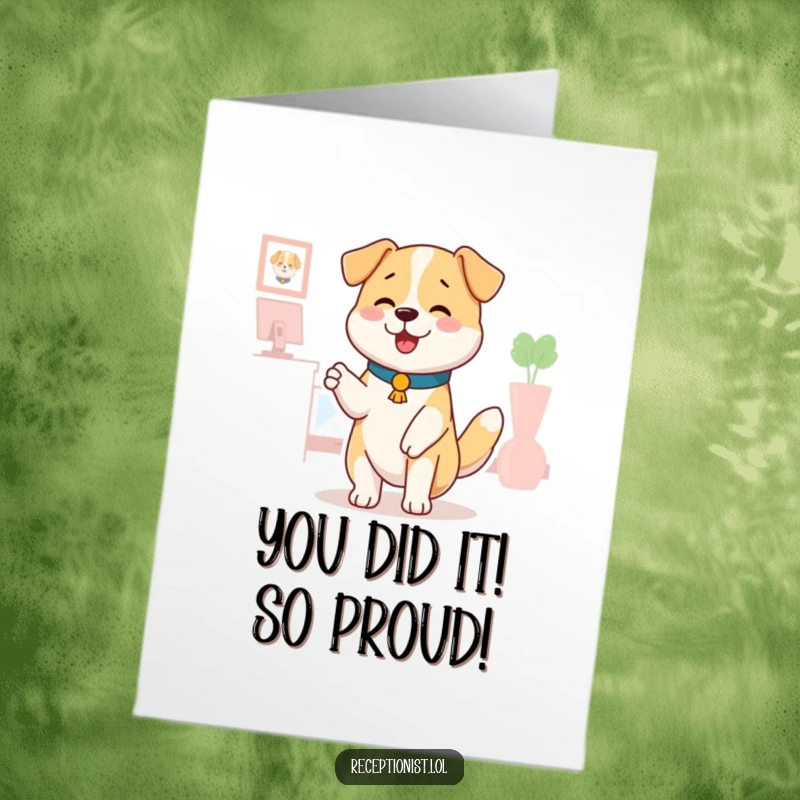 Funny Free Printable Congratulations Card: A happy dog receptionist wags its tail, offering a welcoming paw for a joyous occasion.