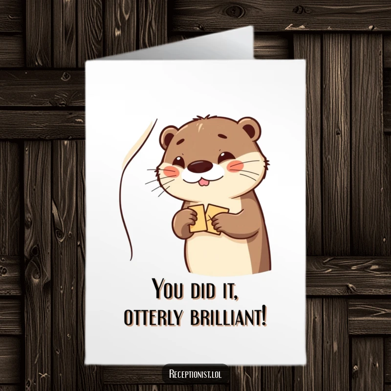 Funny Free Printable Congratulations card featuring a giggling otter winking and offering a welcome packet, celebrating success with joy.