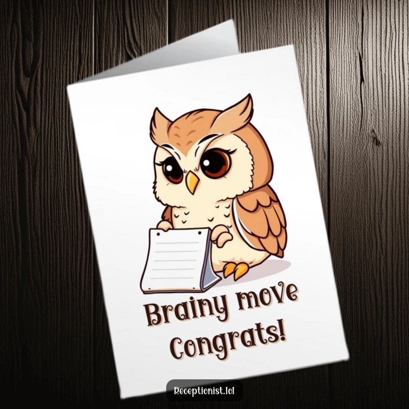 Funny Free Printable Congratulations Card: Thoughtful owl with notepad, wise expression, celebrating success with humor.