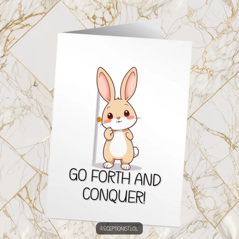 Funny Free Printable Congratulations Card: Curious rabbit pointing enthusiastically at a door, signifying new opportunities, a downloadable delight.