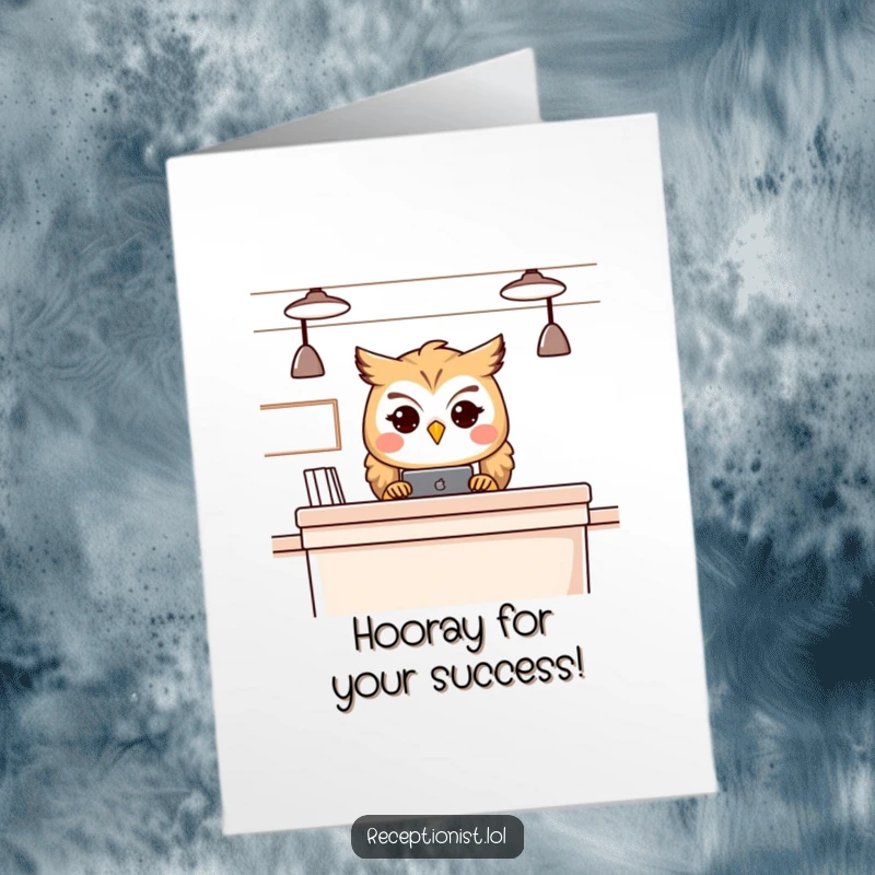 Funny Free Printable Congratulations Card: Cheerful owl receptionist peeks over counter, offering wise words for your success.
