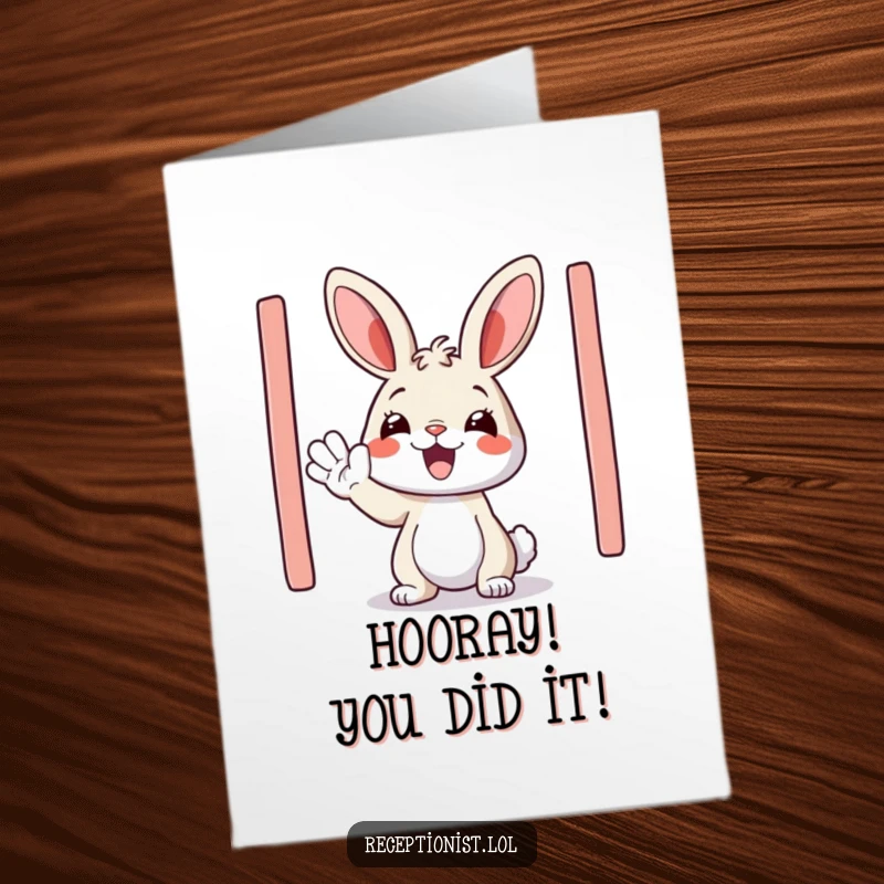 Funny free printable congratulations card featuring a happy bunny enthusiastically waving a guest in.