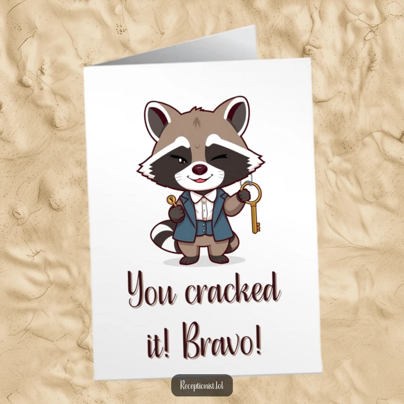Funny Free Printable Congratulations Card: A winking raccoon receptionist discreetly passes a single, important key with a sly smile.