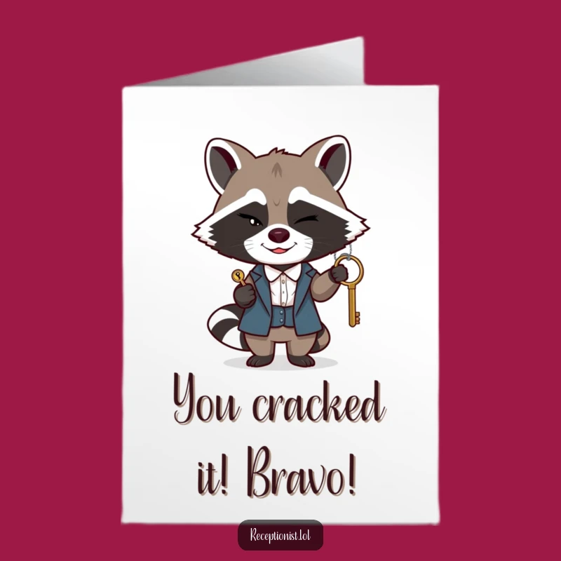 Free Printable Congrats Card: Sly Raccoon Key Master, Funny Undercover Congratulations for Big Wins
