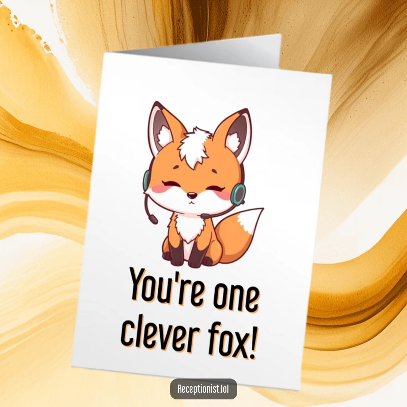 Funny Free Printable Congratulations Card: Curious fox wearing an earpiece, nodding thoughtfully, a clever and humorous DIY gift.