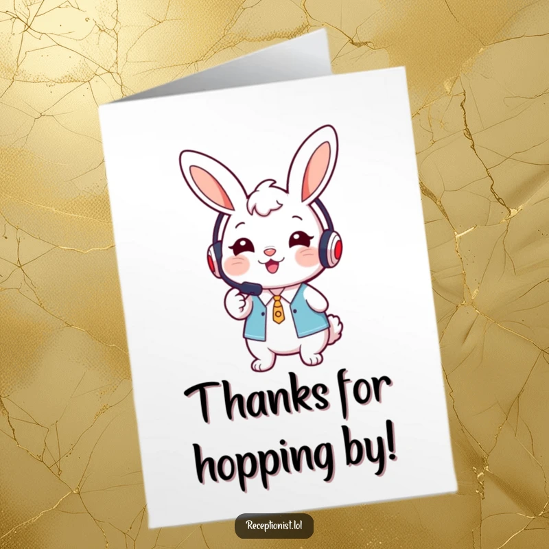 Cute Free Printable Thank You Card: Bunny receptionist wearing a headset smiles warmly and points, a helpful downloadable gift.