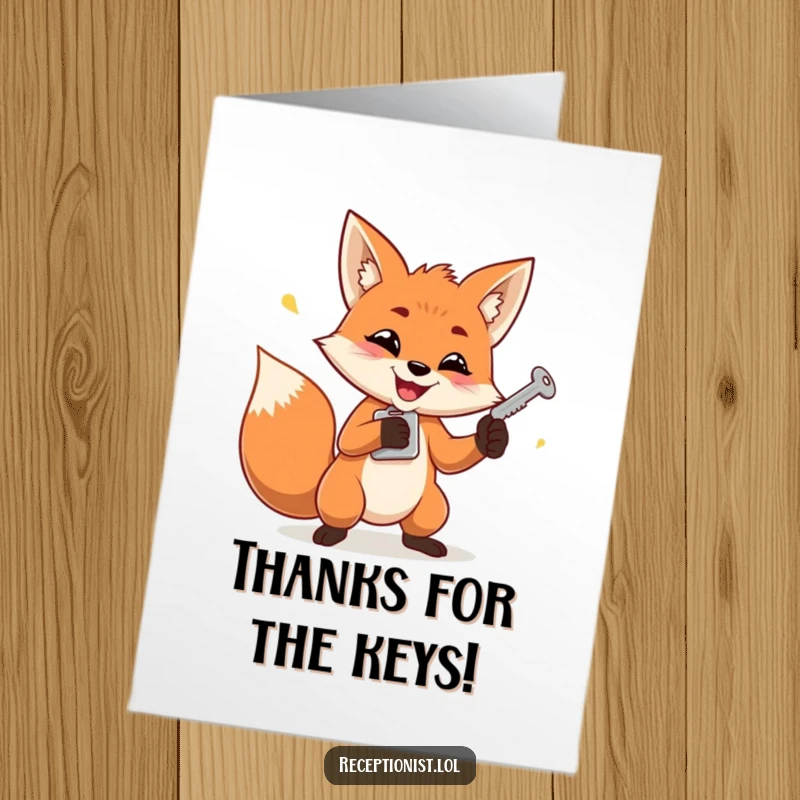 Funny free printable thank you card of a determined fox juggling keys with a mischievous grin.