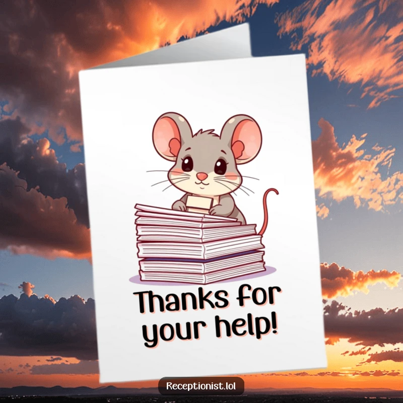 Funny Free Printable Thank You Card: Enthusiastic mouse with name tag, organizing papers neatly