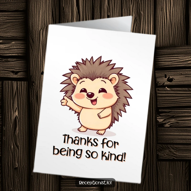 Funny Free Printable Thank You Card: A jovial hedgehog giggling while giving a friendly directional gesture.