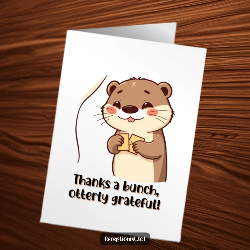 Funny Free Printable Thank You card with a giggling otter winking and presenting a welcome packet, conveying sincere thanks.