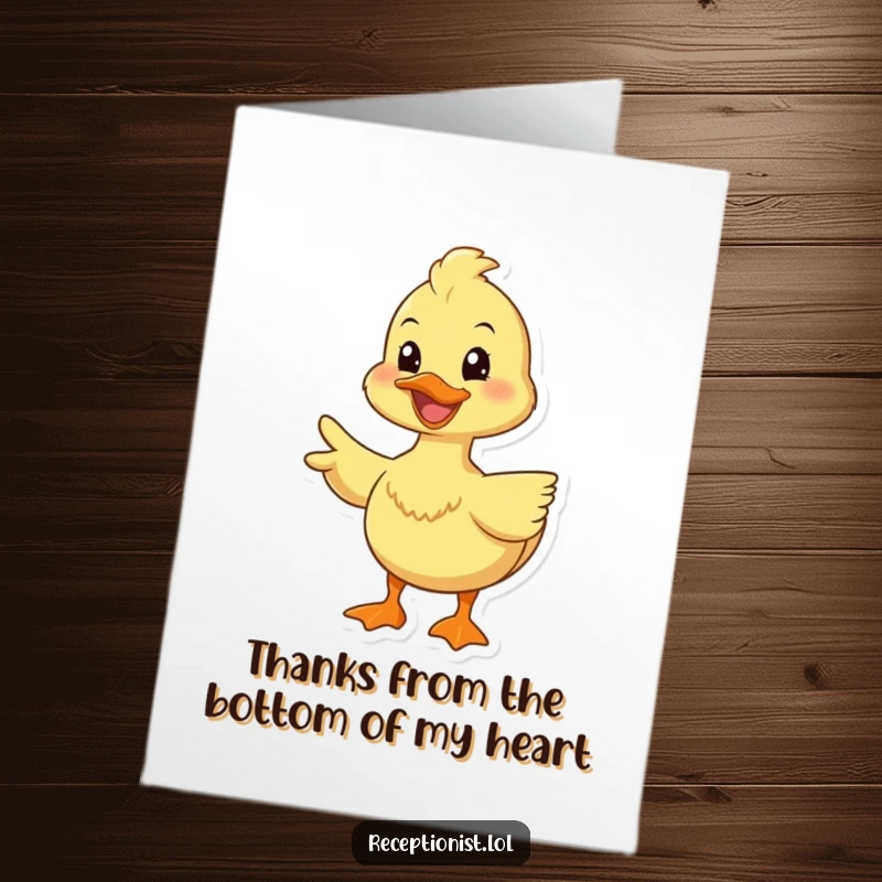 Funny Free Printable Thank You card with a happy duck smiling and gently gesturing, guiding thanks with warmth and sincerity.