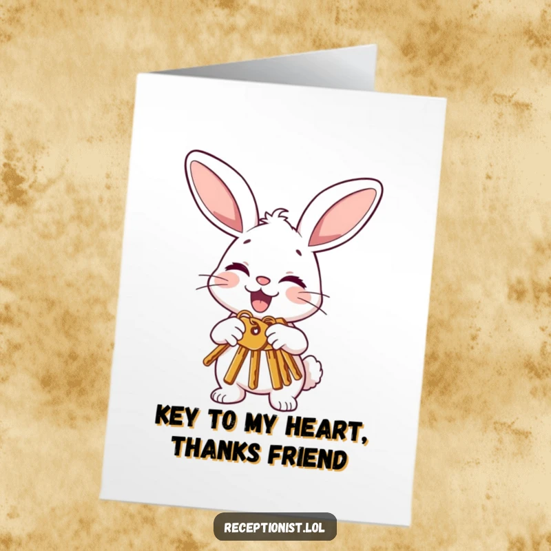 Free Printable Thank You Card: A happy bunny offering keys with a polite nod and a wink, expressing thanks.