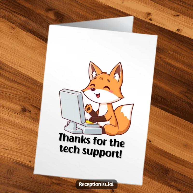 Funny Free Printable Thank You Card: Giggling cartoon fox working hard, expressing thanks with enthusiastic typing.