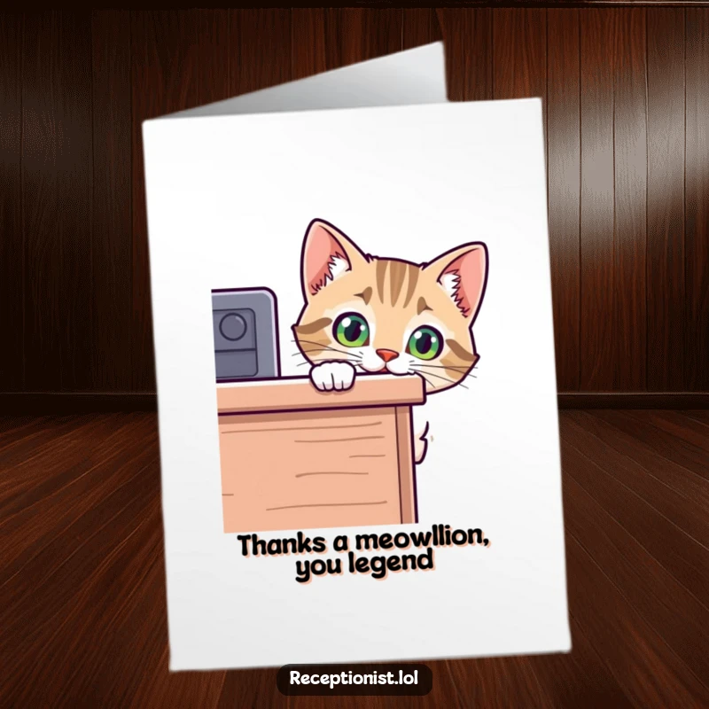 Funny Free Printable Thank You Card with a playful cat peeking around a desk, expressing gratitude with a charming surprise.