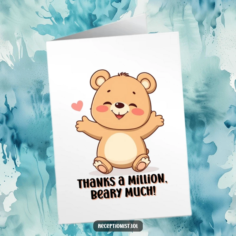 Funny Free Printable Thank You Card featuring a happy, giggling bear cub with arms wide open for a big, cheerful thank you gesture.