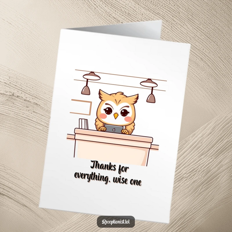 Funny Free Printable Thank You Card: Cheerful owl receptionist offers a wise, gentle gaze for your heartfelt thanks.