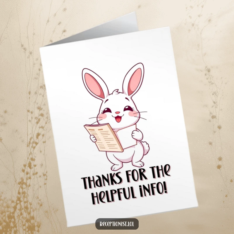 Funny Free Printable Thank You Card: Delighted cartoon rabbit holding a directory, offering assistance with a warm smile.