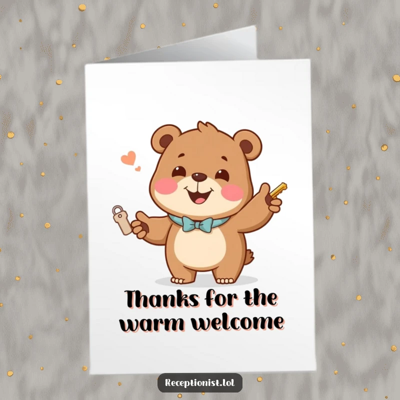 Funny Free Printable Thank You Card: Jovial bear with welcoming smile, handing out keys, expressing thanks.