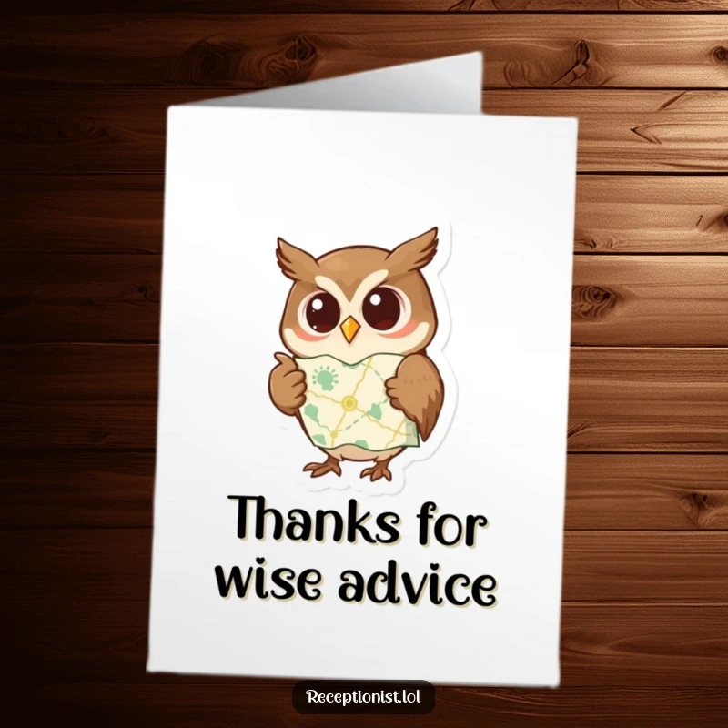 Funny Free Printable Thank You Card: A curious, wise owl points to a map, offering a thoughtful downloadable gift.