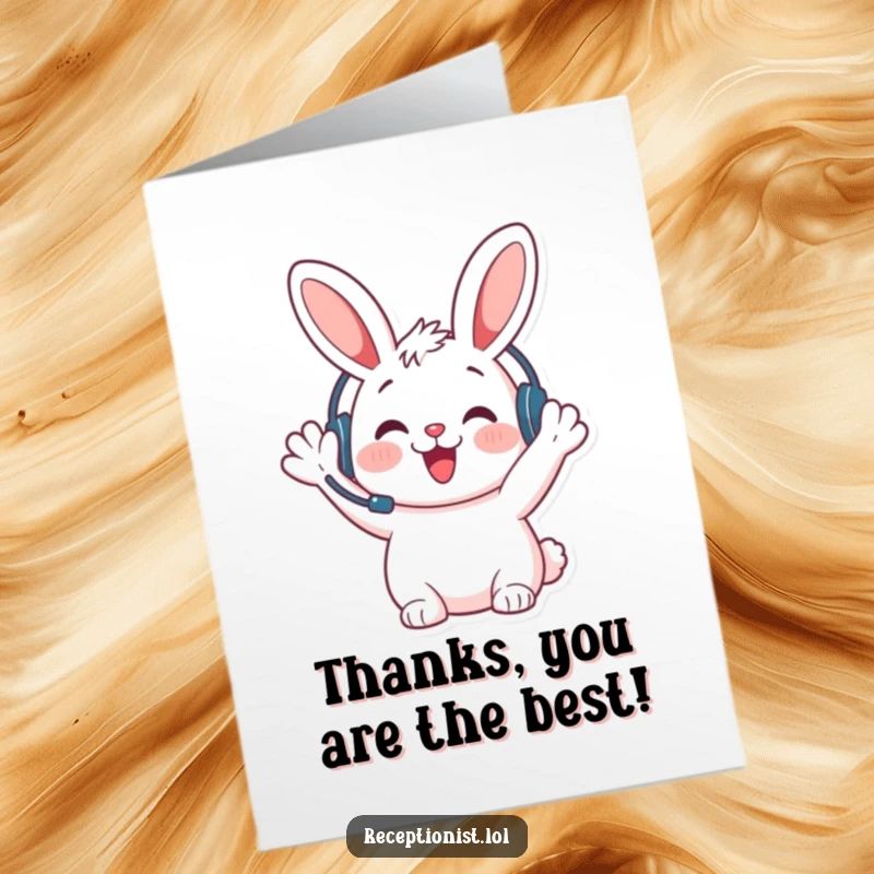 Funny Free Printable Bunny Thank You Card: Adorable bunny with headset waves a friendly thank you, packed with sweet humor.