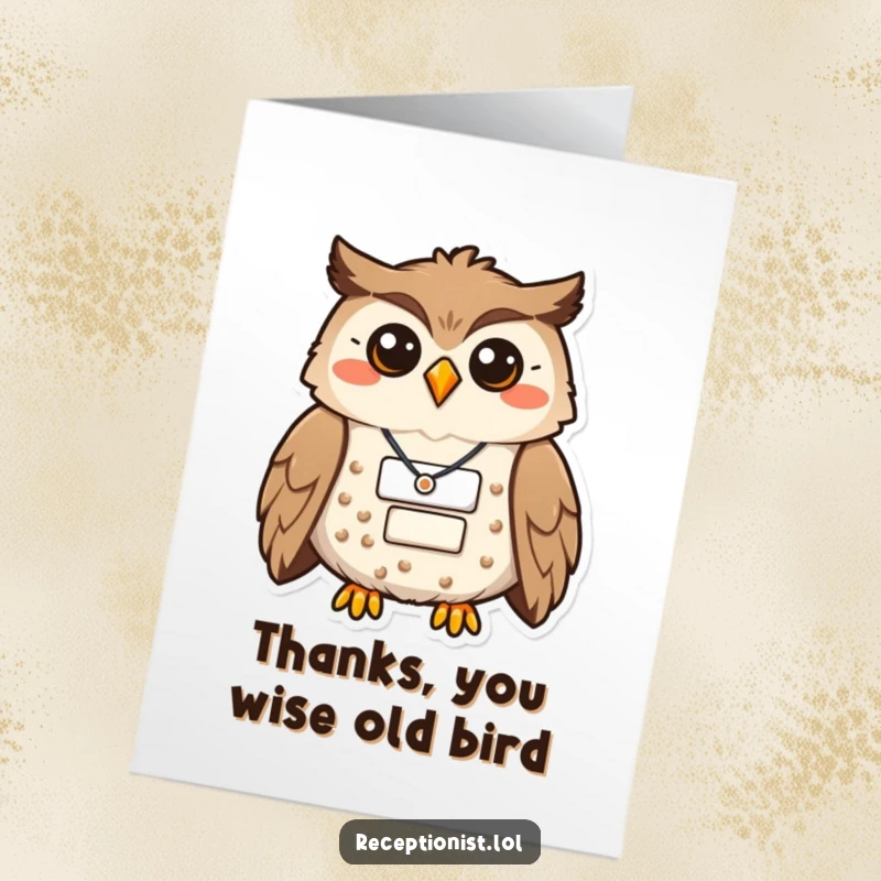 Funny Free Printable Thank You Card featuring a proud owl wearing a name badge and a genuinely warm smile, perfect for gratitude.