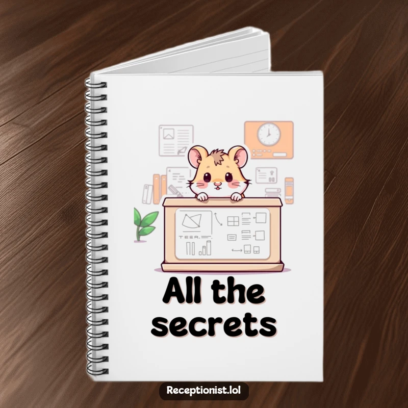 Funny notebook with a tiny hamster peaking over a large information desk, designed for capturing humorous thoughts and notes.