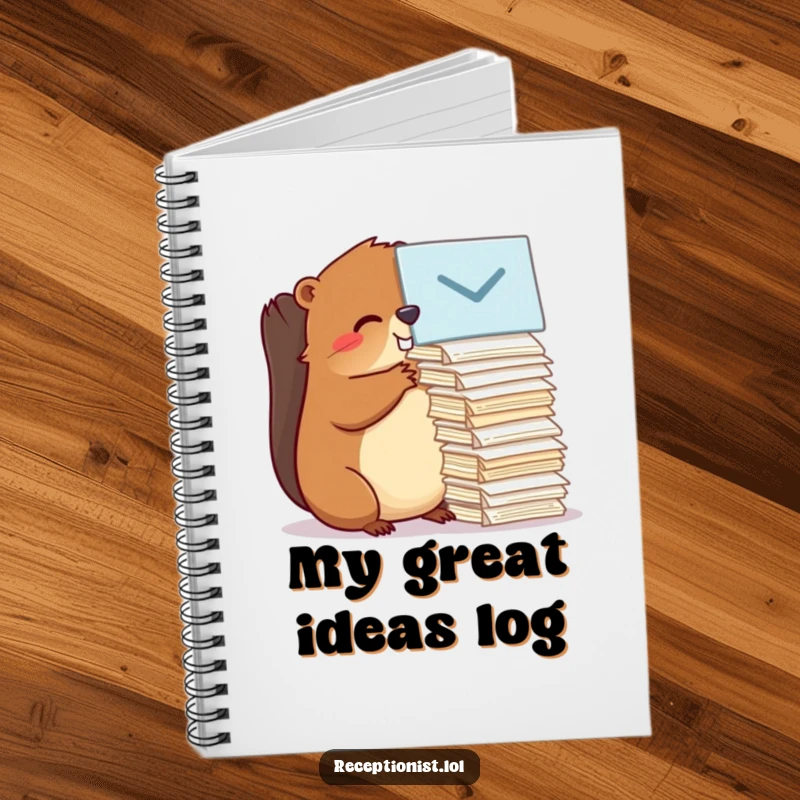 Funny beaver diligently writing in a notebook, symbolizing organized thoughts and efficient note-taking for a humorous gift.