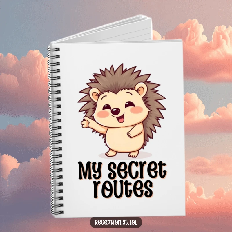 Funny notebook with a cute, giggling hedgehog character providing helpful directions, ideal for journaling or planning.