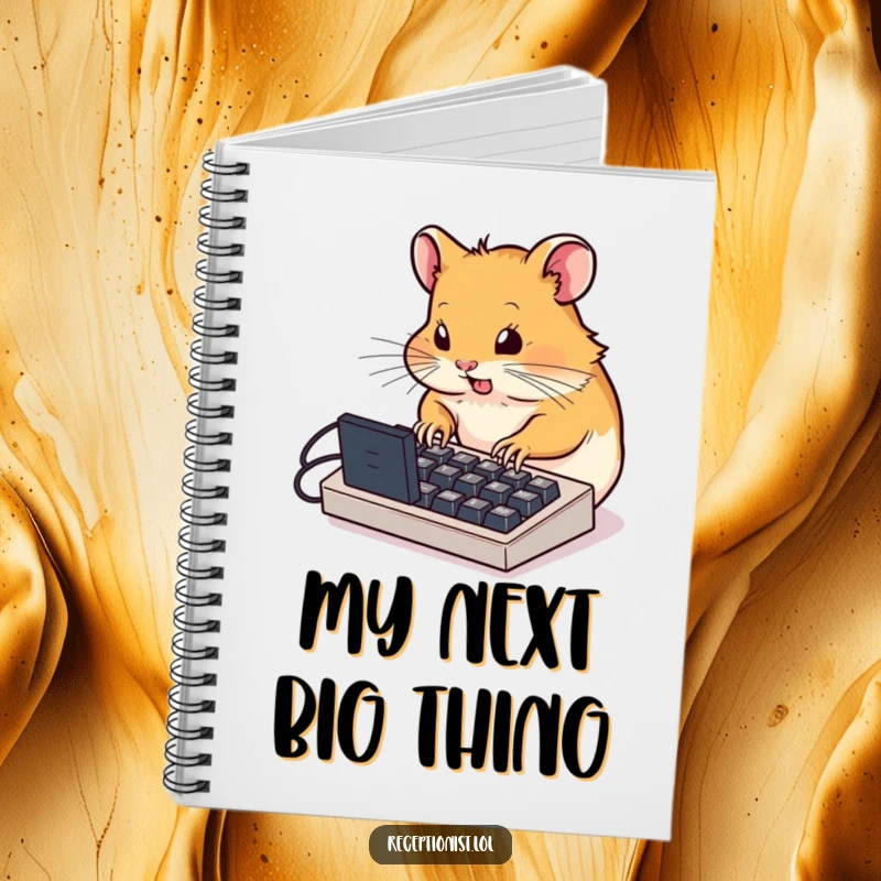 Funny determined hamster typing furiously on a miniature computer keyboard, spiral-bound notebook, humorous journal for capturing thoughts.