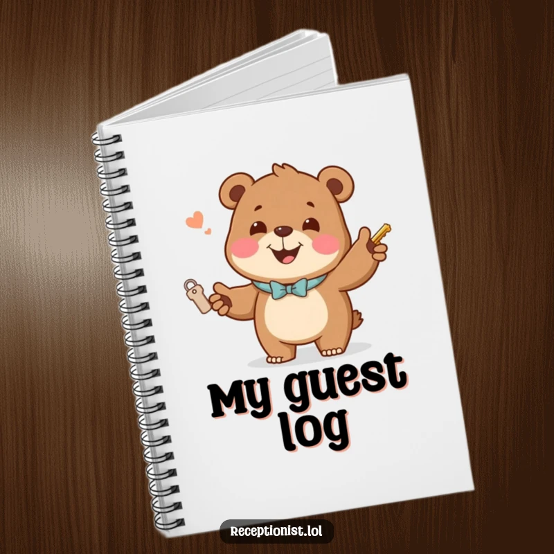 Funny Notebook featuring a jovial bear handing out room keys with a welcoming smile, great for notes and travel plans.