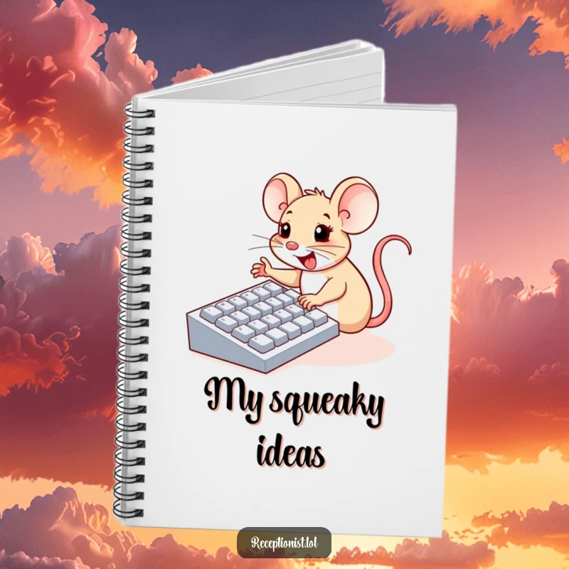 Funny notebook featuring a cheerful mouse enthusiastically pressing large computer keyboard buttons with tiny paws, for tech notes.