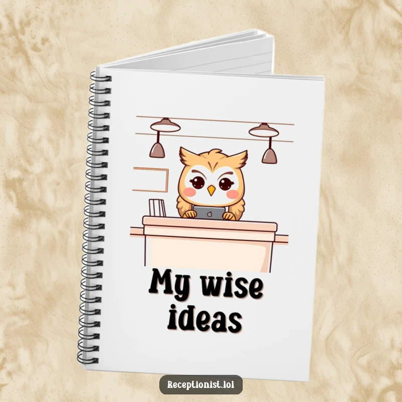 Funny owl receptionist notebook, journal for capturing ideas with a wise, gentle owl peeking over the pages.