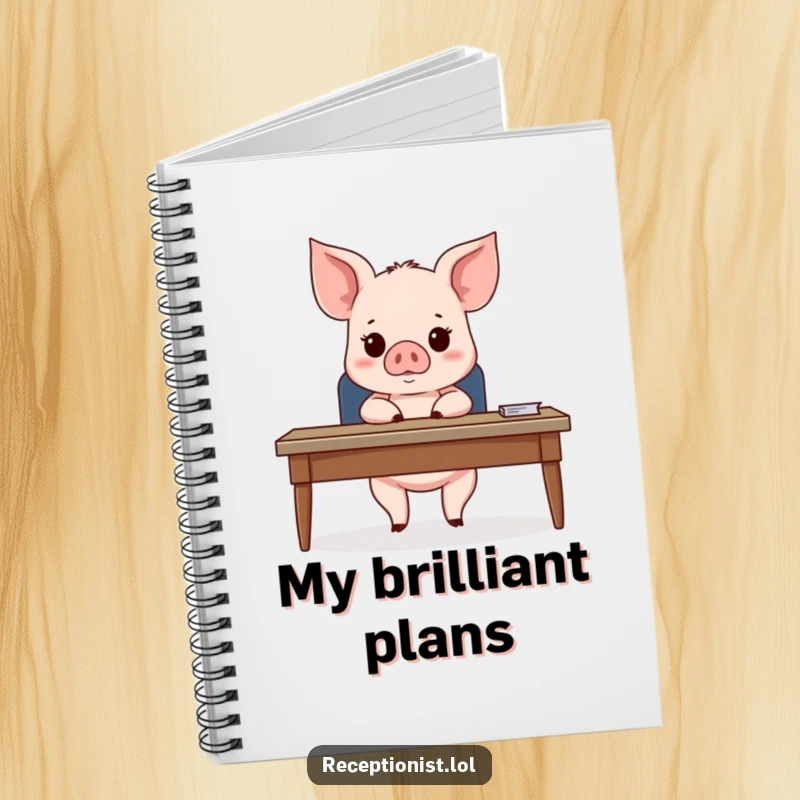 Funny Piglet Meeting Notes Notebook featuring a cute piglet behind a desk, looking expectantly at an unseen guest, perfect for humorous note-taking.