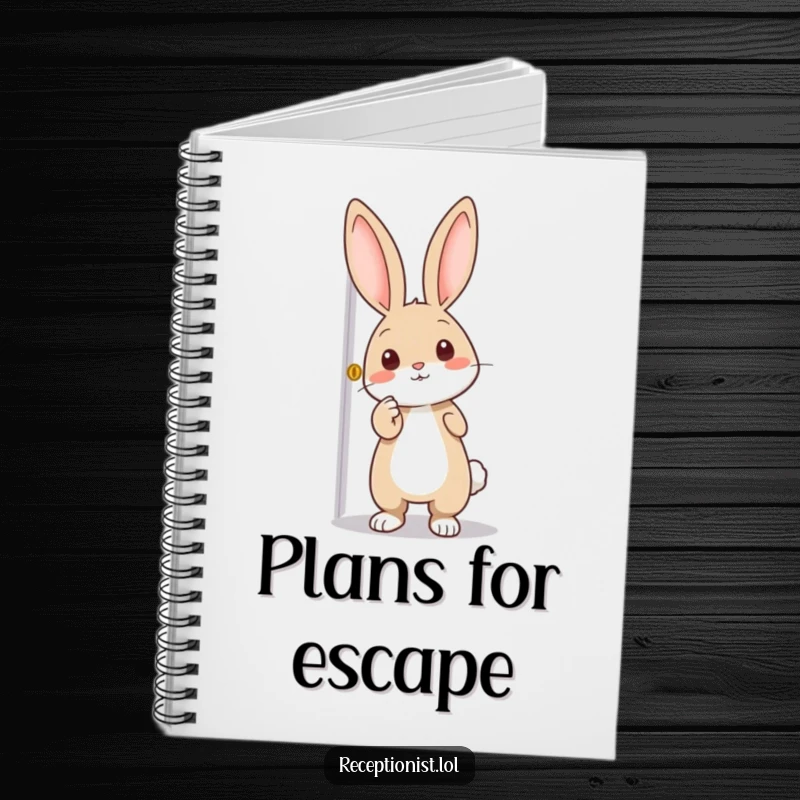 Funny notebook with a curious rabbit pointing towards a door, perfect for jotting down adventurous ideas and plans.