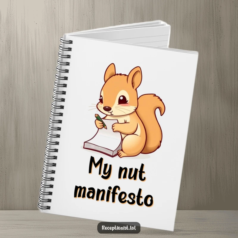 Funny notebook with a diligent squirrel taking notes on a small notepad, perfect for capturing important thoughts and plans.