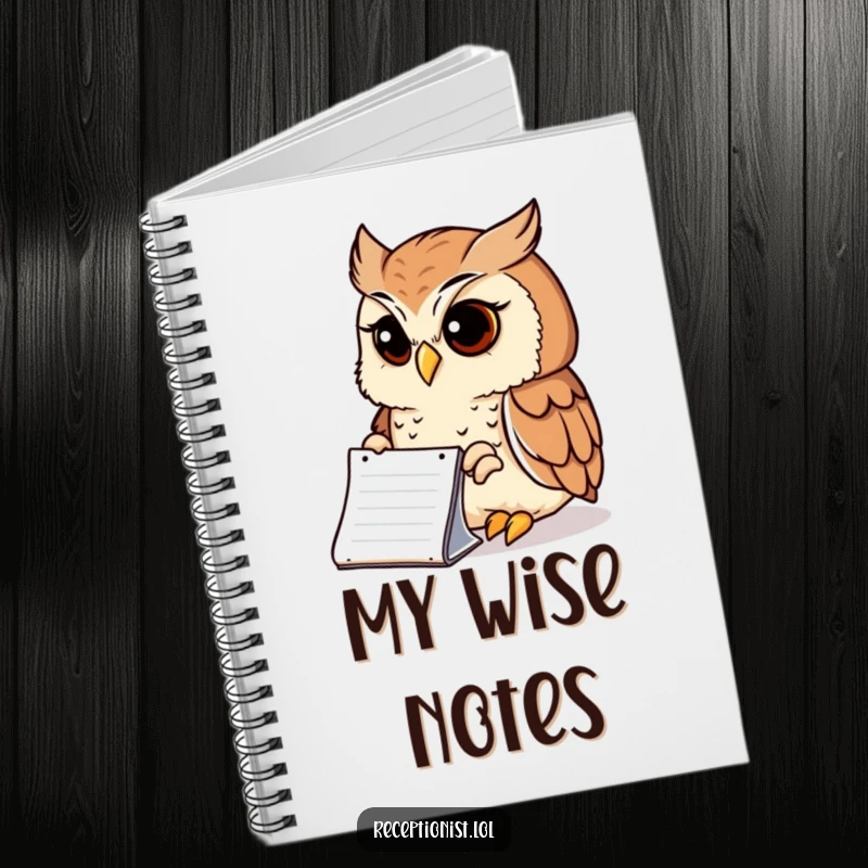 Funny Notebook featuring a wise owl peering intently at a notepad with a serene expression, great for journaling and thoughtful notes.